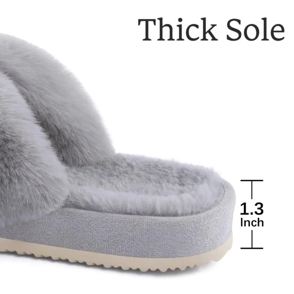 Zapatillas de casa peludas a la moda, chanclas de piel esponjosa para mujer, zapatillas planas peludas para dormitorio, zapatos de interior con banda cruzada de suela gruesa - Imagen 4