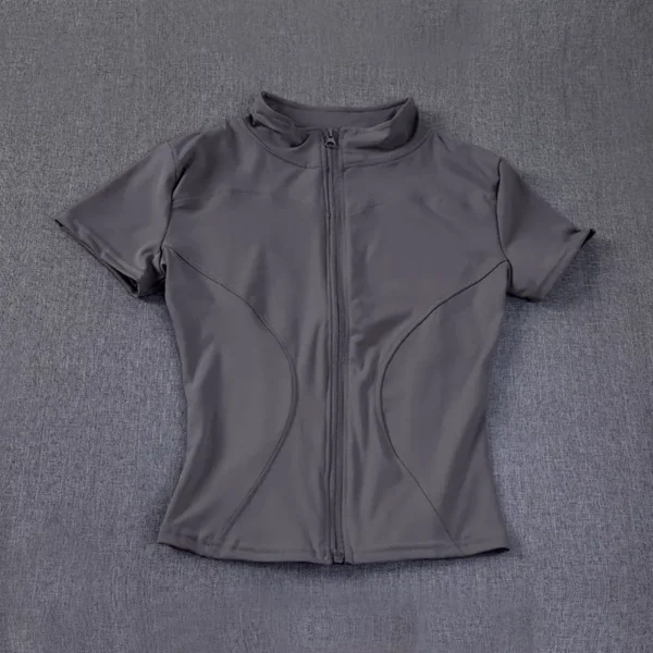 Tops de entrenamiento adelgazantes de cintura de alta calidad para mujer, camisas de Yoga de manga corta con cuello levantado ajustado de secado rápido y cremallera completa, verano - Imagen 12