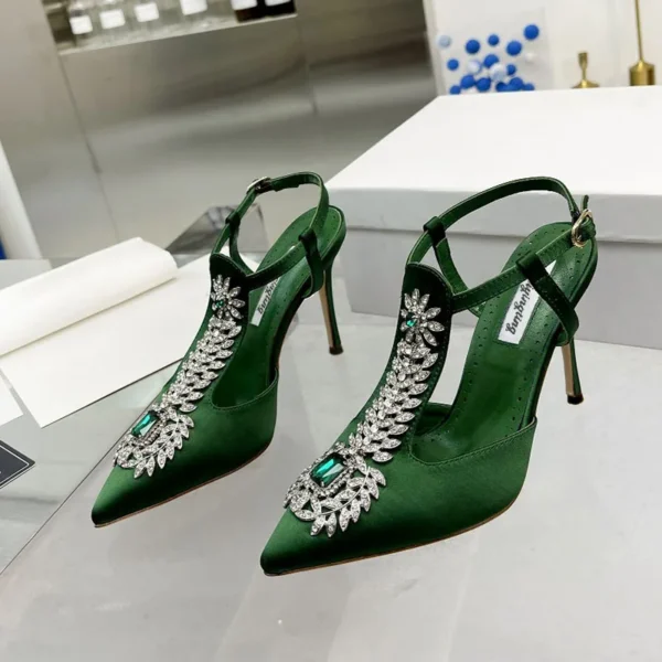 Zapatos de boda para mujer, sandalias de tacón alto con punta estrecha y diamantes de imitación, sandalias de tacón de aguja con piedras preciosas de satén, zapatos de boda con bomba de hadas Baotou 2022 - Imagen 5