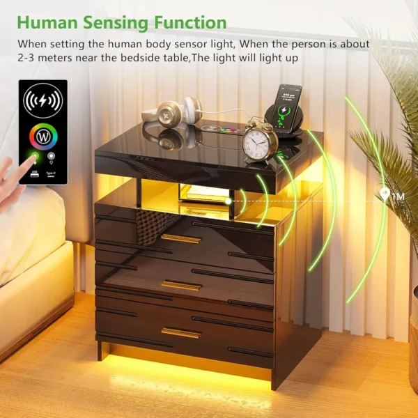 Mesita de noche con luces automáticas, mesitas de noche de alto brillo con estación de carga inalámbrica, mesita de noche con 3 cajones - Imagen 6