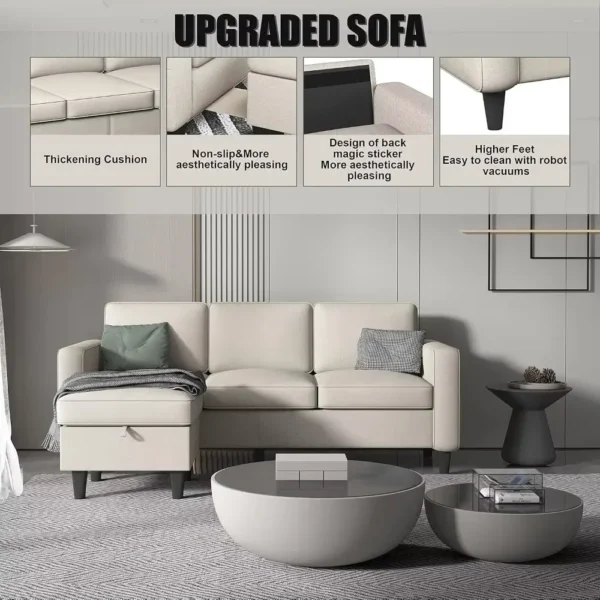 Juego de muebles de sofá de 3 asientos de tela de lino moderno seccional convertible en forma de L con otomana de almacenamiento - Imagen 6