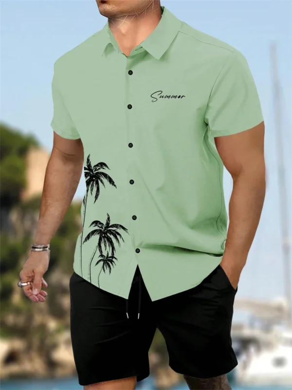 Camisa de manga corta para hombres y pantalones cortos de 2 piezas, conjunto de pantalones cortos con cordón de playa con estampado de árbol de coco a la moda - Imagen 9