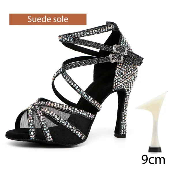 Zapatos de baile latino con diamantes de imitación para mujer, zapatos de baile latino para niña, zapatos de baile de salón negros brillantes para niñas y mujeres - Imagen 8
