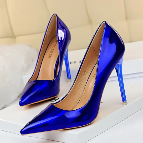 Tacones altos para mujer, zapatos de tacón azul y verde para San Valentín, tacones de aguja brillantes de lujo para boda, novia, club nocturno, moda Simple de Color sólido 1829-2