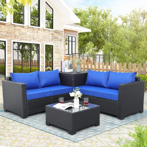 Juego de muebles de Patio de mimbre PE para exteriores, sofá seccional de ratán negro de 4 piezas, sofá de dos plazas, conjunto de conversación con caja de almacenamiento - Imagen 8
