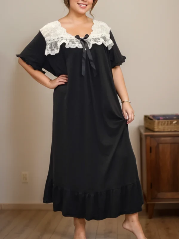 Camisón de encaje blanco sexy para mujer de talla grande - Ropa de dormir holgada de manga corta decorada con lazo negro para fiesta y hogar - Imagen 2