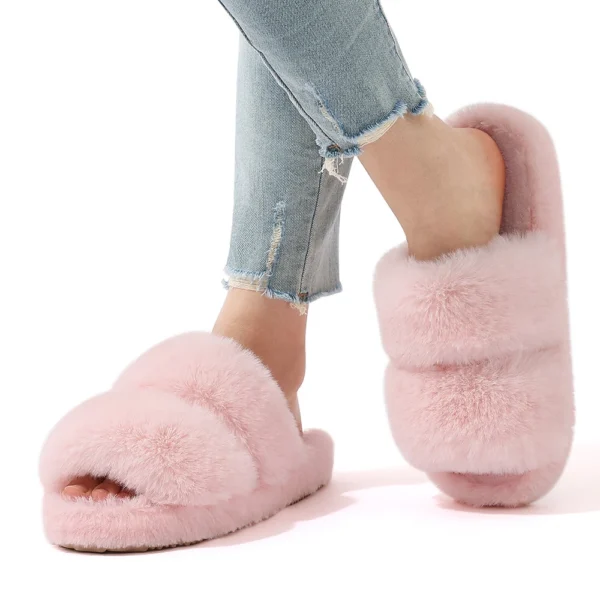 Zapatillas planas peludas para mujer, Zapatillas de casa cálidas de invierno, zapatillas cortas de felpa a la moda para mujer, zapatillas de dormitorio para mujer - Imagen 2