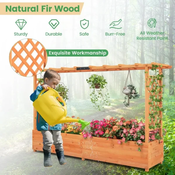 Cama de jardín elevada con enrejado y techo colgante, fiorrera de madera con parte inferior y orificios de drenaje, plano de jardín independiente - Imagen 6