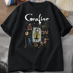 Camiseta Coraline de Halloween para mujer y hombre, camiseta Vintage espeluznante, camiseta de manga corta de otoño Harajuku, ropa para mujer, camisetas gráficas