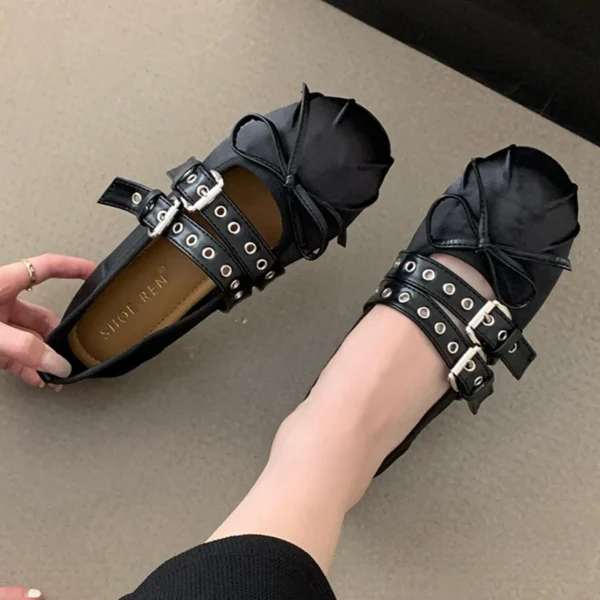 Zapatos de baile Lolita para mujer, bailarinas, calzado de diseñador, hebilla con nudo de mariposa, zapatos de punta redonda de seda a la moda para mujer - Imagen 8
