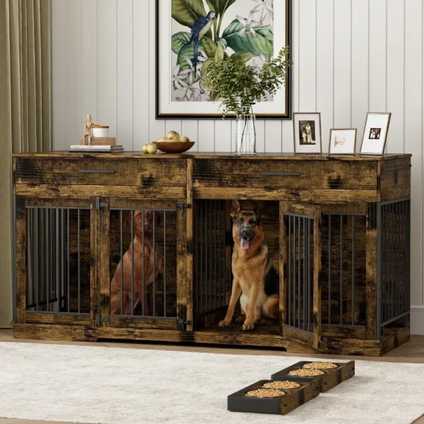 Muebles tipo jaula para perros de 72 pulgadas para 2 perros, muebles tipo perrera grande con 2 cajones de almacenamiento y 4 tazones, jaula para perros de madera con extraíble