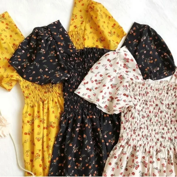 Vestido de gasa de primavera y verano para mujer, vestidos por debajo de la rodilla, manga corta, cintura elástica, estampado Floral, plisado, vestido informal sin espalda - Imagen 2