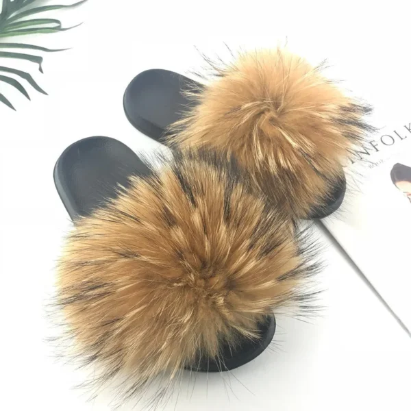 Zapatillas deslizantes de piel de mapache para mujer, zapatillas planas con punta abierta, de felpa para interiores, para el hogar, dormitorio, peludas, informales, cómodas para exteriores - Imagen 3