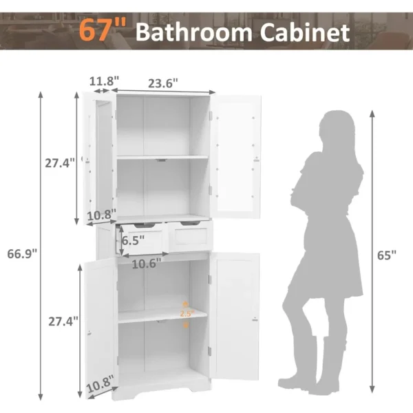 Gabinete de almacenamiento para baño de 67" de alto, gabinete de lino independiente con puertas y estantes de vidrio, gabinete grande para despensa de baño - Imagen 5