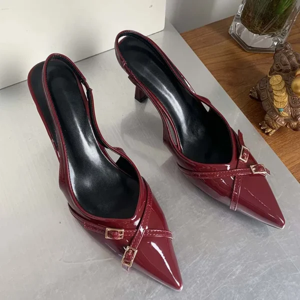 Sandalias femeninas de moda, tacones rojos a la moda, zapatos de tacón para mujer, calzado con talón descubierto, zapatos con hebilla y punta estrecha, zapatos de tacón para mujer - Imagen 9