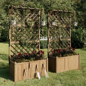 Paquete de 2 maceteros de madera de 35,4x17,7x72 pulgadas con enrejado y fiorrera grande de 1,6 pies de profundidad para exteriores, cama de jardín elevada