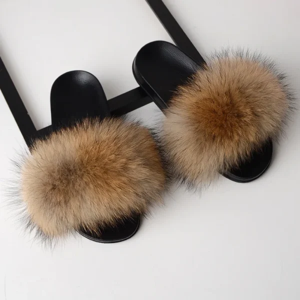 Zapatillas deslizantes de piel de mapache para mujer, zapatillas planas con punta abierta, de felpa para interiores, para el hogar, dormitorio, peludas, informales, cómodas para exteriores - Imagen 4
