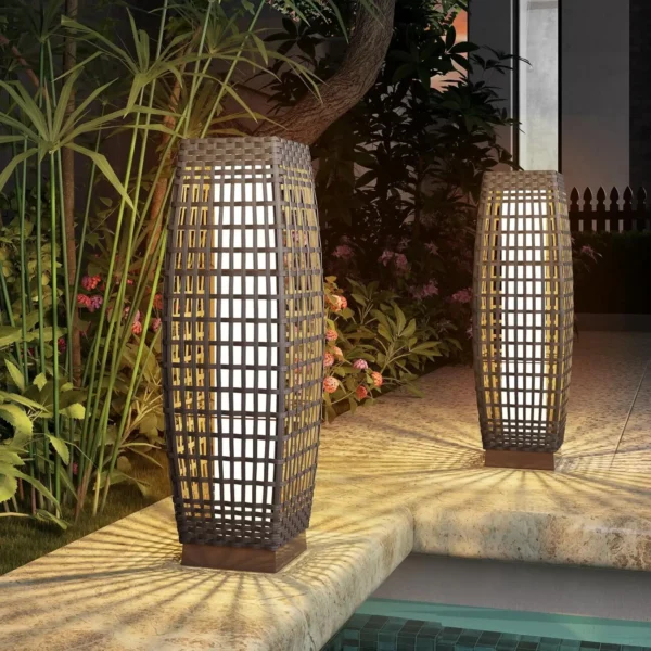 Pieza de lámpara de pie de linterna de mimbre tejida con energía solar para exteriores, decoración para terraza, jardín, césped, porche, medio Cindy, - Imagen 11