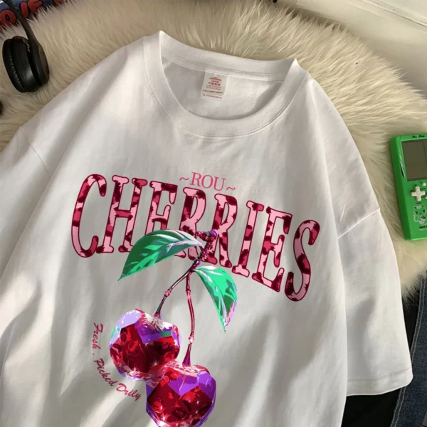 Camiseta de cerezas ROU para mujer, camisetas de algodón de gran tamaño con estampado de cristales morados, camisetas informales de manga corta con cuello redondo, ropa de verano para mujer
