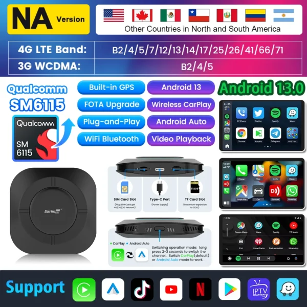 Tv Box Carplay Android Carlinkit Android 13 Auto 8 Core cableado a adaptador inalámbrico para Netflix Spotify Youtube accesorios de coche - Imagen 9
