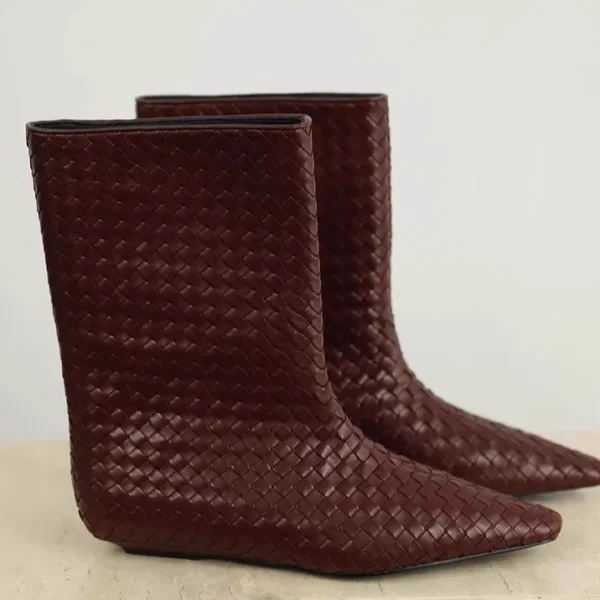 Botas de piel de vaca para mujer, botines de media pantorrilla adelgazantes Retro tejidos, a la moda, con cabeza cuadrada, holgados, de manga recta, otoño e invierno - Imagen 7