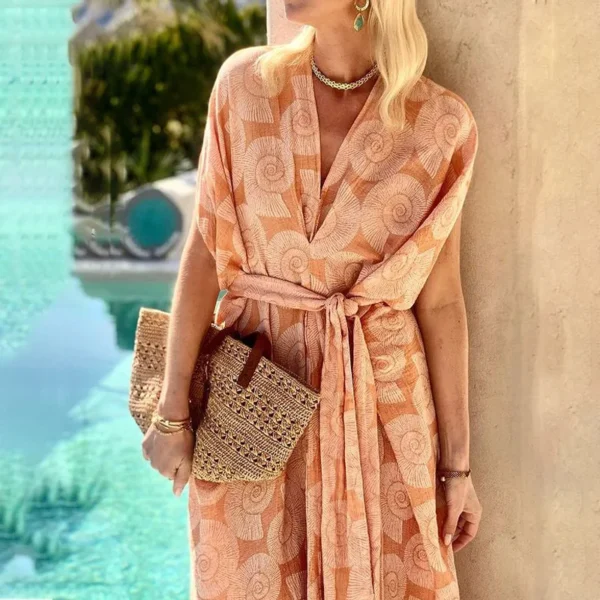 Vestido largo bohemio suelto para mujer con cuello en V manga corta estampado con fajas vestido de playa vestidos de fiesta Verano 2025 ropa de mujer - Imagen 3