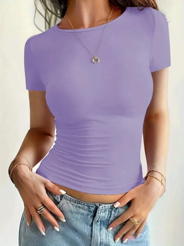 Camisetas básicas para mujer, Tops cortos de manga corta con cuello redondo, camisetas bonitas de verano, camisetas ajustadas, ropa Y2k 2024 - Imagen 8
