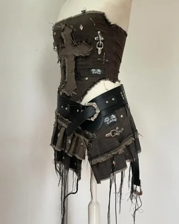 Mini Falda plisada traje ropa de calle americano nueva moda Denim costura lavado viejo de dos piezas mujeres Y2K Harajuku gótico - Imagen 4