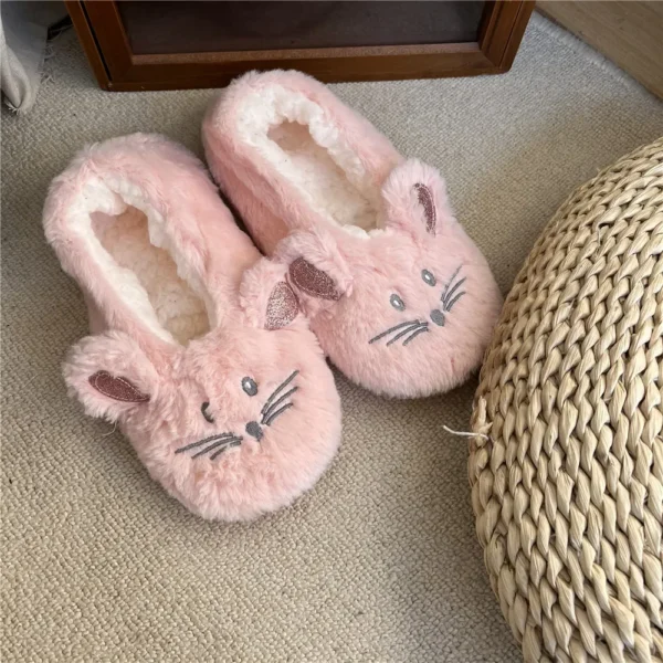 Zapatilla de casa para mujer, piel de invierno, felpa cálida, agarre antideslizante, interior, esponjoso, perezoso, orejas de ratón, zapatos peludos, lindo y divertido - Imagen 2