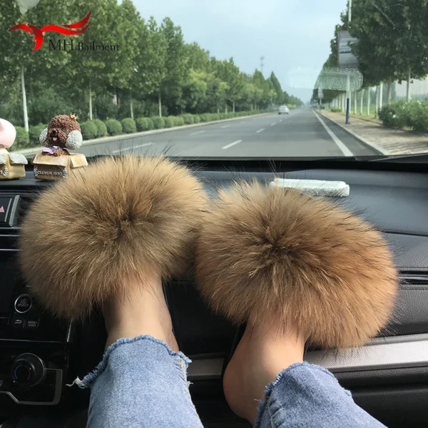 Zapatillas deslizantes de piel de mapache para mujer, zapatillas planas con punta abierta, de felpa para interiores, para el hogar, dormitorio, peludas, informales, cómodas para exteriores