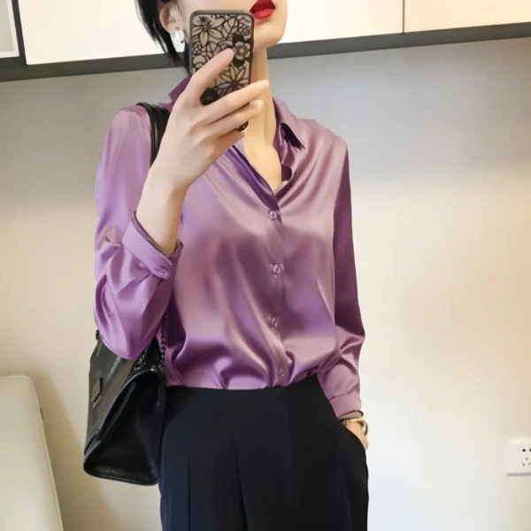 Camisas y blusas con acabado satinado que combinan con todo, ropa de mujer, Top informal OL, camisas elegantes con botones de manga larga, blusas sólidas francesas - Imagen 7