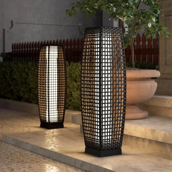Pieza de lámpara de pie de linterna de mimbre tejida con energía solar para exteriores, decoración para terraza, jardín, césped, porche, medio Cindy, - Imagen 13