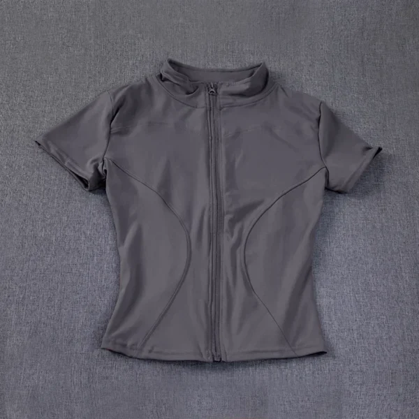 Tops de entrenamiento adelgazantes de cintura de alta calidad para mujer, camisas de Yoga de manga corta con cuello levantado ajustado de secado rápido y cremallera completa, verano - Imagen 5