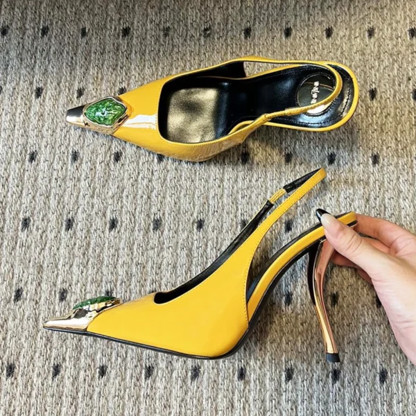 Tacones altos de temperamento puntiagudo de metal con gema para mujer con sandalias vacías sexy - Imagen 8