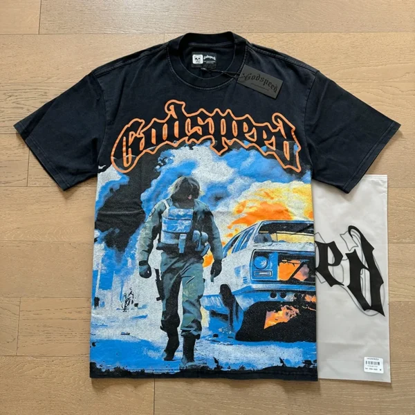 Camiseta hombres mujeres High Street Fire impreso cuello redondo manga corta pareja suelta Casual Top camiseta Foto Real Godspeed - Imagen 12