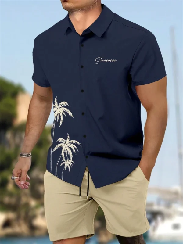 Camisa de manga corta para hombres y pantalones cortos de 2 piezas, conjunto de pantalones cortos con cordón de playa con estampado de árbol de coco a la moda - Imagen 3