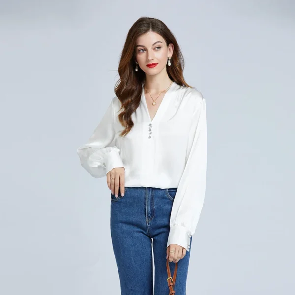 Camisas 100% de seda para mujer, blusas de diseñador, ropa de lujo para mujer, blusa con manga acampanada y cuello en V con botones de diamantes para mujer - Imagen 3