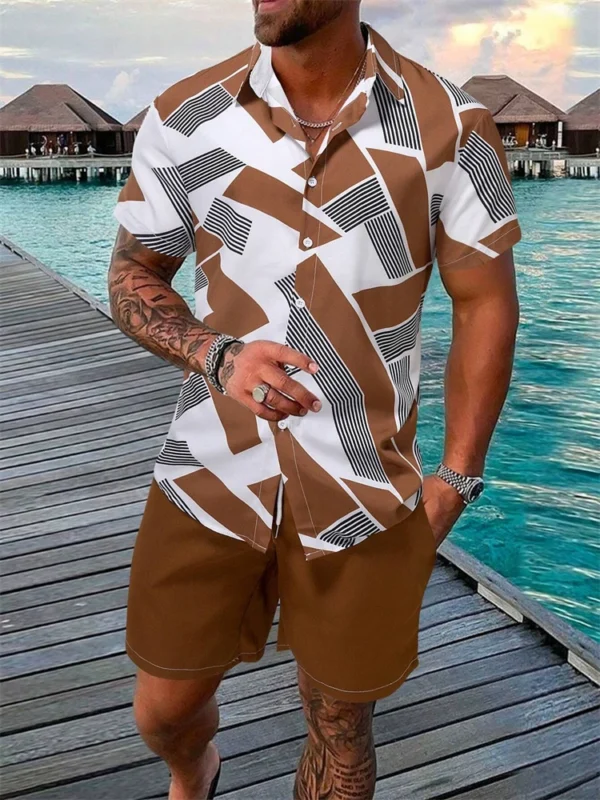 Camisa de manga corta para hombres y pantalones cortos de 2 piezas, conjunto de pantalones cortos con cordón de playa con estampado de árbol de coco a la moda - Imagen 11