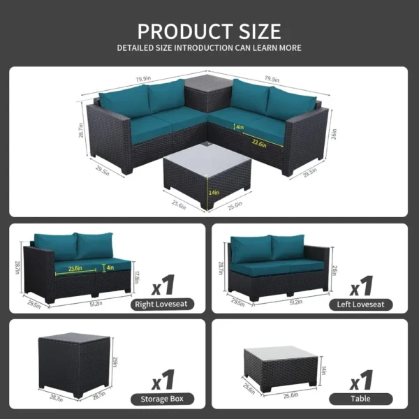 Juego de muebles de Patio de mimbre PE para exteriores, sofá seccional de ratán negro de 4 piezas, sofá de dos plazas, conjunto de conversación con caja de almacenamiento - Imagen 6