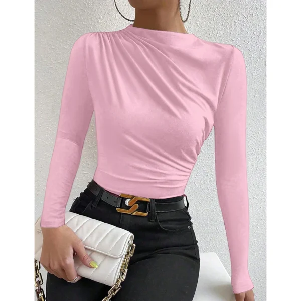 Camisetas de mujer otoño simple liso volante manga larga cuello redondo camisetas casuales regulares Mia Muse - Imagen 8