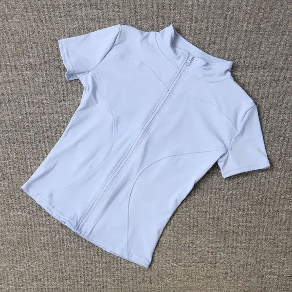 Tops de entrenamiento adelgazantes de cintura de alta calidad para mujer, camisas de Yoga de manga corta con cuello levantado ajustado de secado rápido y cremallera completa, verano - Imagen 13