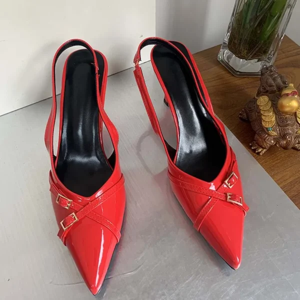 Sandalias femeninas de moda, tacones rojos a la moda, zapatos de tacón para mujer, calzado con talón descubierto, zapatos con hebilla y punta estrecha, zapatos de tacón para mujer - Imagen 8