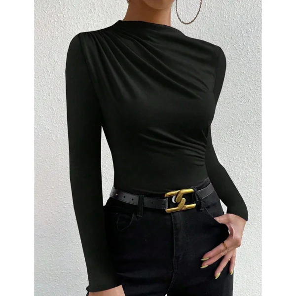 Camisetas de mujer otoño simple liso volante manga larga cuello redondo camisetas casuales regulares Mia Muse - Imagen 3