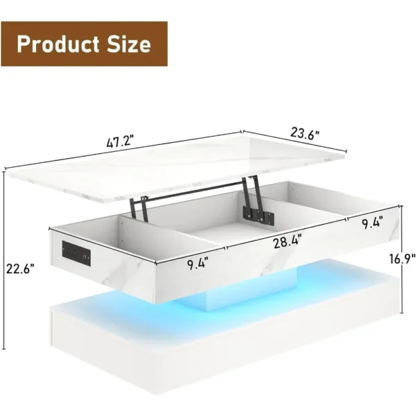 Mesa de centro grande con tapa elevable de 47,2 pulgadas con estación de carga, mesa central moderna LED de alto brillo con compartimento oculto de almacenamiento - Imagen 2