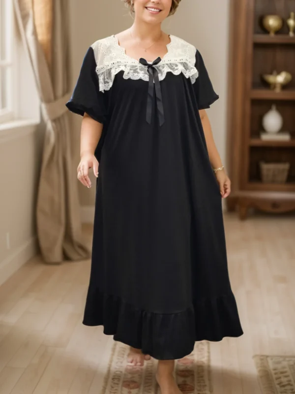 Camisón de encaje blanco sexy para mujer de talla grande - Ropa de dormir holgada de manga corta decorada con lazo negro para fiesta y hogar