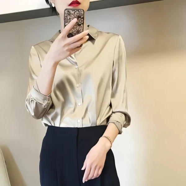 Camisas y blusas con acabado satinado que combinan con todo, ropa de mujer, Top informal OL, camisas elegantes con botones de manga larga, blusas sólidas francesas - Imagen 3