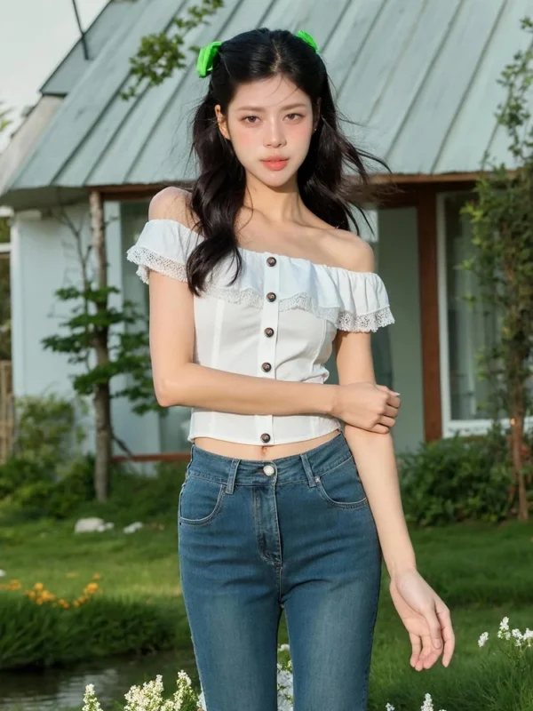 Camiseta con volantes y hombros descubiertos para mujer, Top informal de retazos de encaje para mujer y niña, camisetas blancas, Tops de verano, ropa para mujer - Imagen 3