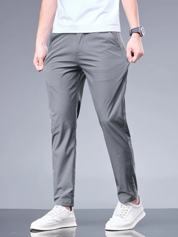 Pantalones de seda de hielo de negocios, pantalones rectos con cintura elástica, pantalones negros y grises, ropa sencilla transpirable para hombre, pantalones de traje informales - Imagen 8