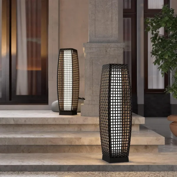 Pieza de lámpara de pie de linterna de mimbre tejida con energía solar para exteriores, decoración para terraza, jardín, césped, porche, medio Cindy, - Imagen 10