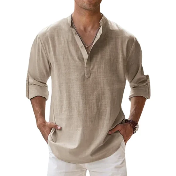 Camisas de lino y algodón para hombres, camisas casuales, camisas ligeras de manga larga Henley Beach, camisetas hawaianas para hombres - Imagen 3